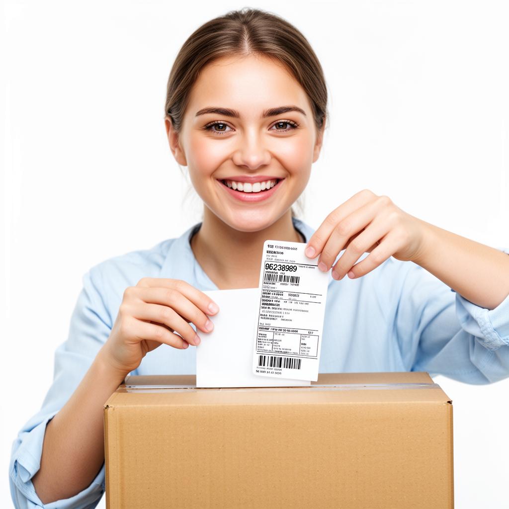 Person smiling while sticking the label on the box